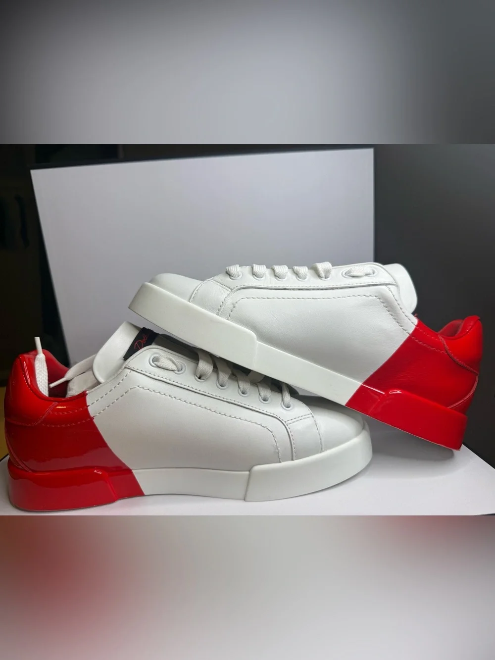 Dolce & Gabbana White Leather Sneakers with Black Script and Red patent Heel Tab